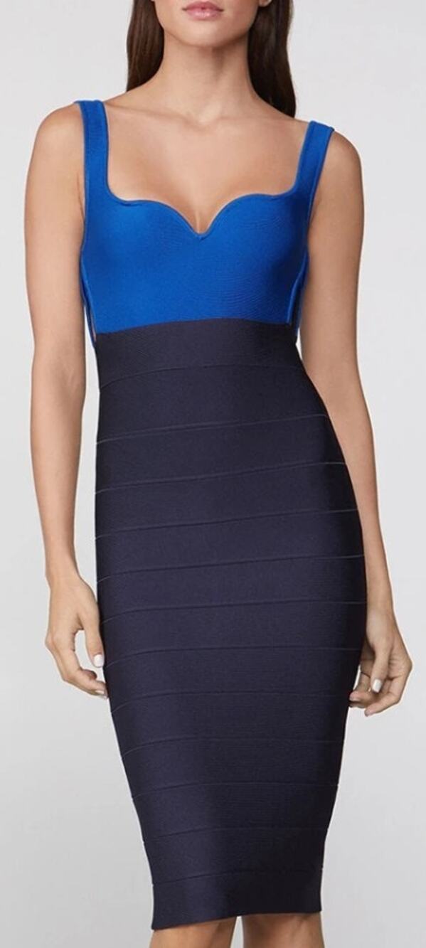 NWT Herve Leger Paris Dark Navy Cobalt Blue Color Block Bandage Dress Size Small